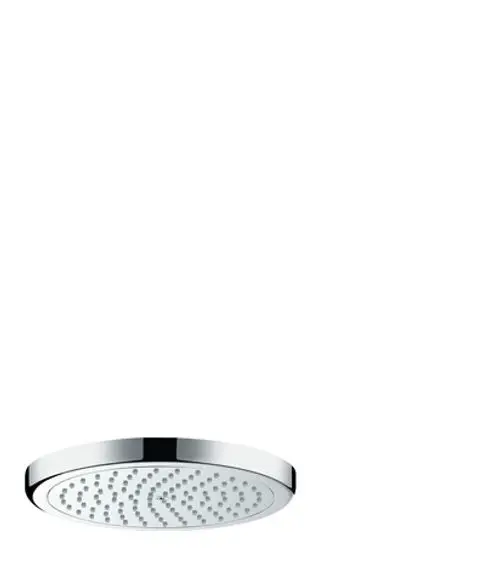 Dezente Kopfbrause aus Chrom von Hansgrohe mit runder, flacher Oberfläche und gleichmäßig angeordneten Wasserdüsen für eine gezielte Wasserverteilung.